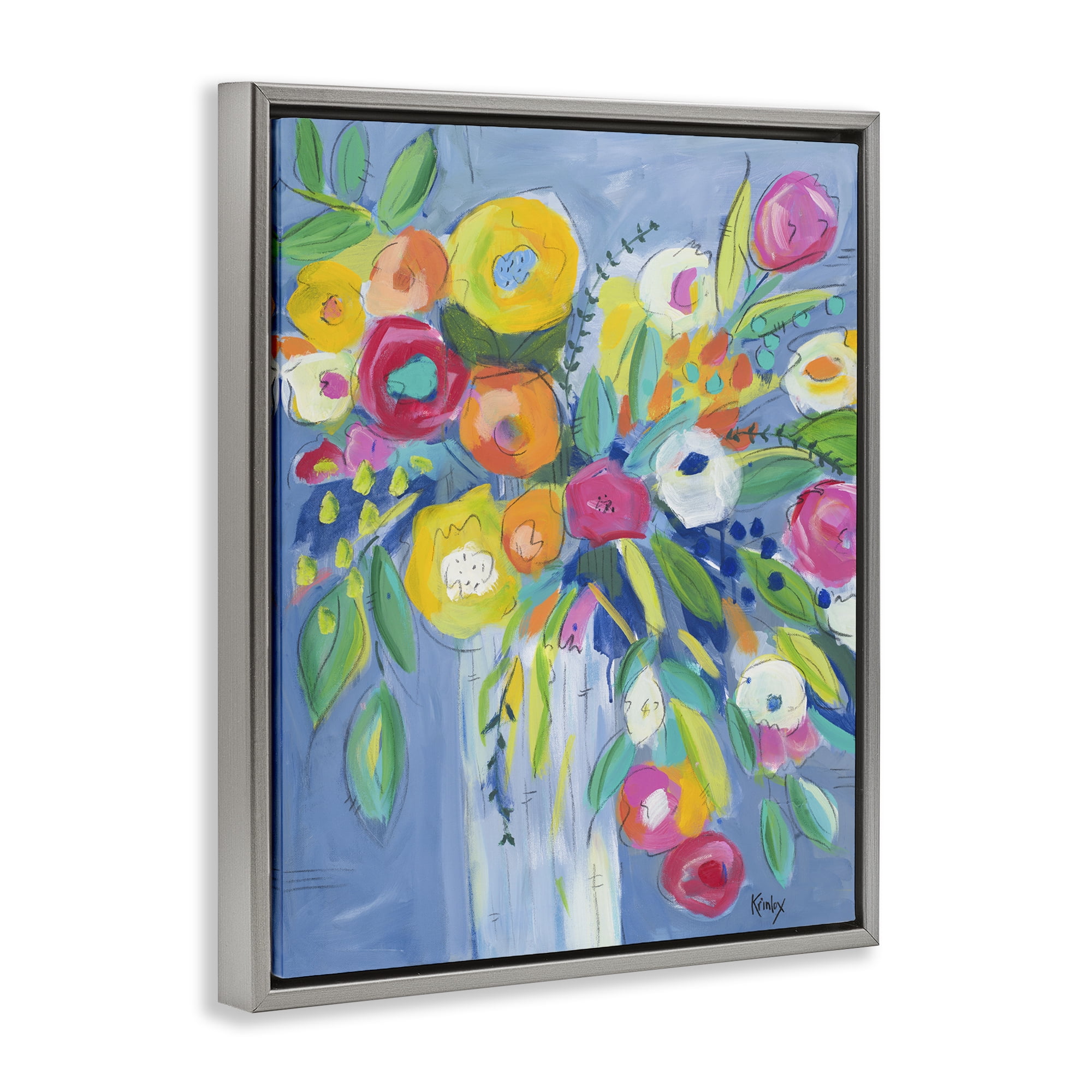 Stupell Industries Cheerful Blossom Energy Gray Framed Floater Canvas Wall Art, design by Krinlox