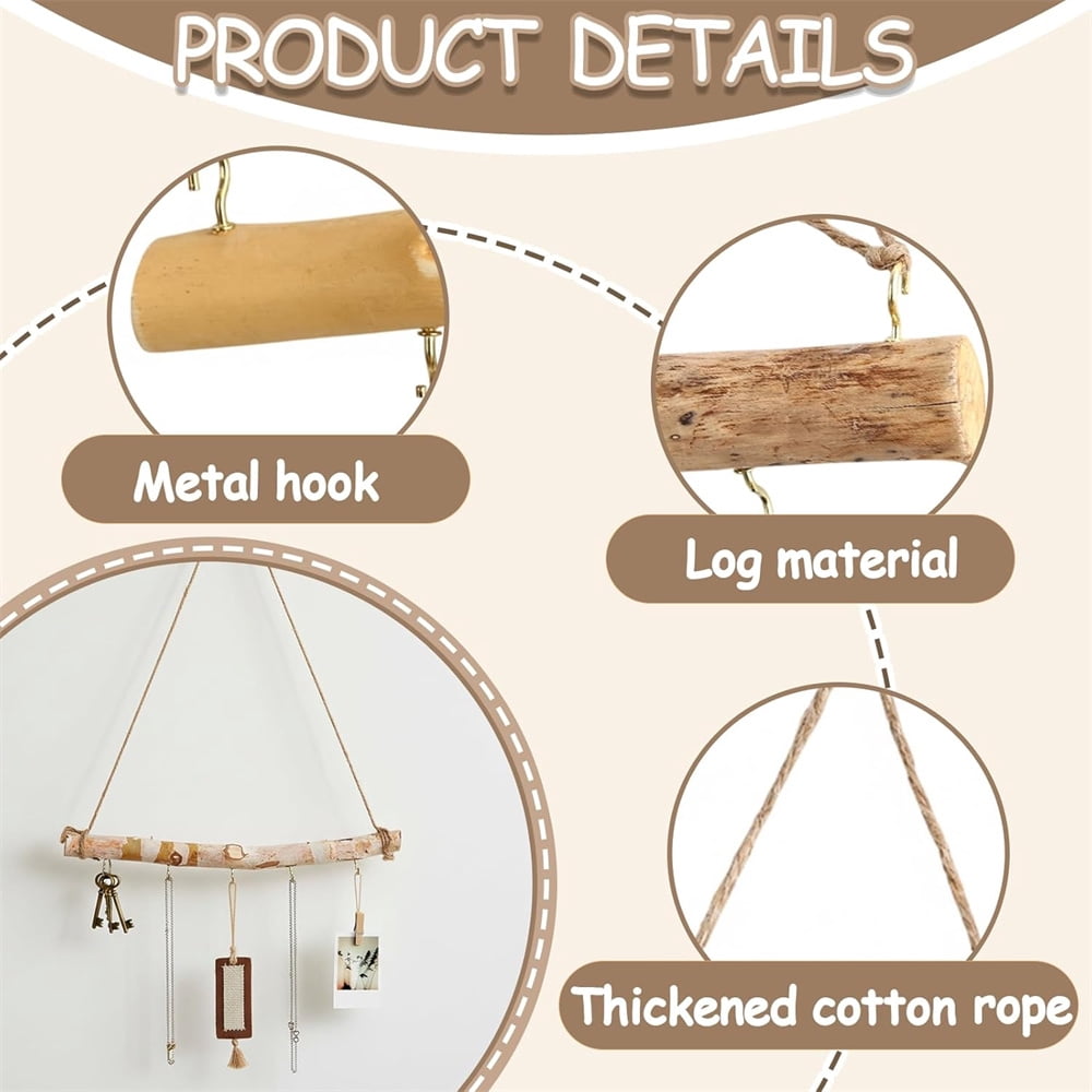 HXRH 2Pcs Driftwood Wall Hanging Jewelry Hanger 16 InchRustic Wood Hanger Tree Branch Jewelry Organizers with 5 Hooks Decor Craft