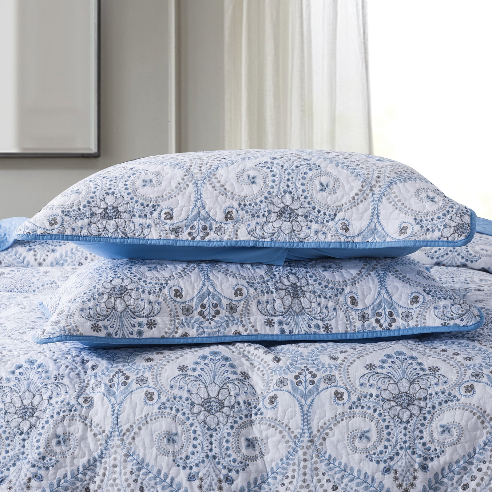 HoneiLife Blue Cotton Quilt Set, King - Reversible (3-Piece)