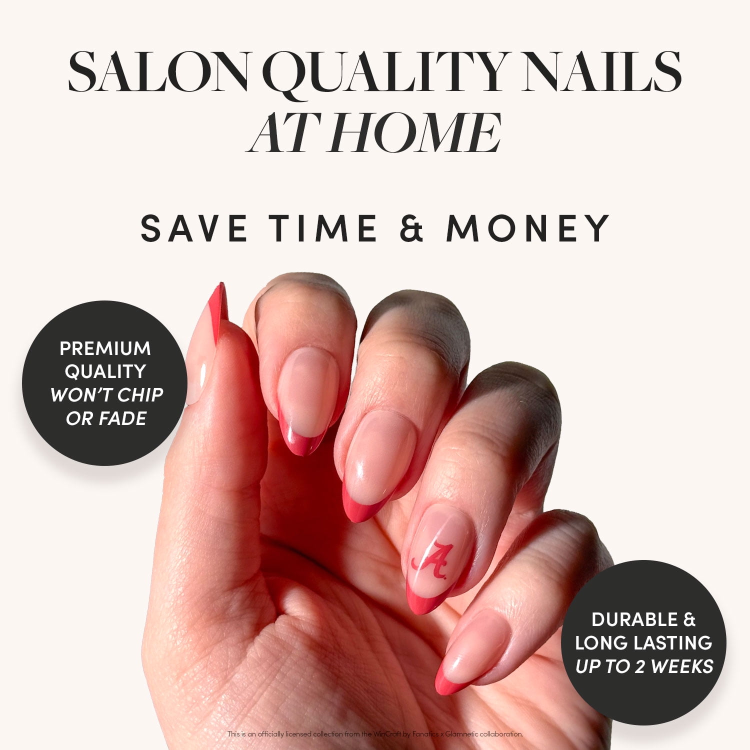 Glamnetic x Fanatics Press On Nails - Alabama Crimson Tide | Short Almond Fake Nails, NCAA Crimson Tide Red French Tips, College Nails, Salon-Quality | 15 Sizes - 30 Nail Kit with Glue