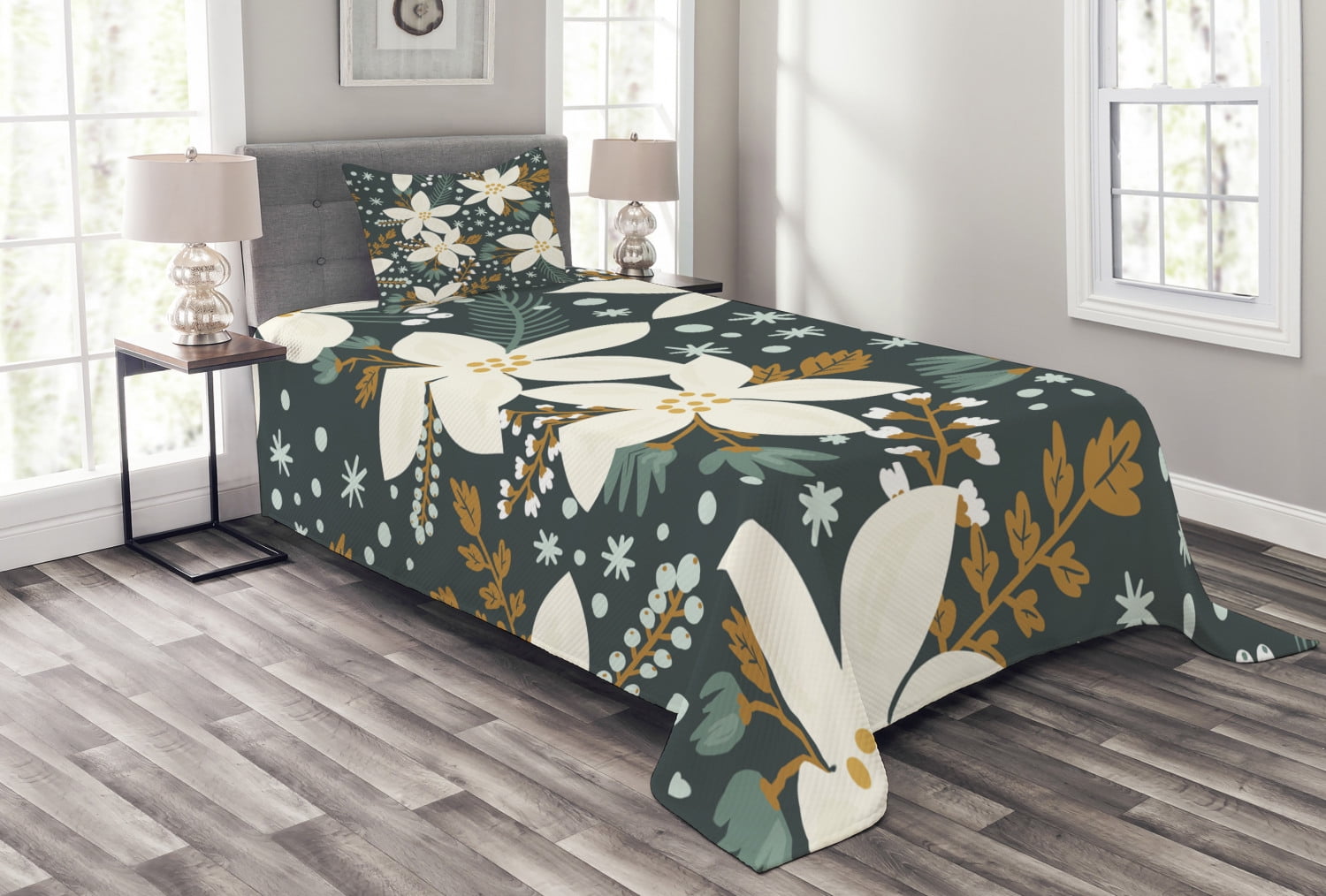 Floral Bedspread Set Twin Size, Hand Drawn Poinsettia Flowers Garden