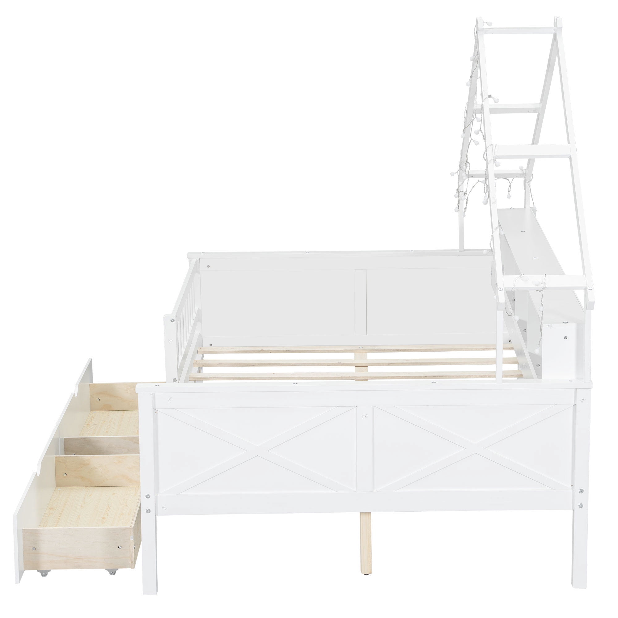 Duxelifin Full Kids Platform Bed with Storage Drawers & Shelves, House Platform Bed Frame with LED and Guardrail for Kids, White