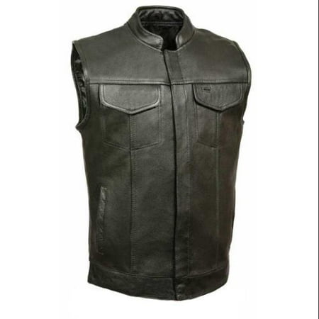 Leather King Men's Open Neck Vest With Hidden Snaps, Black - X-Large SH2036