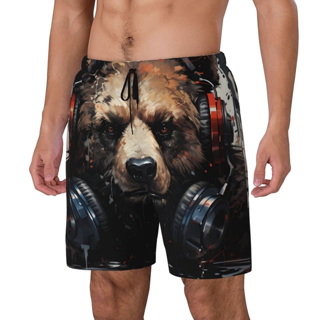 Fotbe Urban Bear With Headphones Traje de Baño para Hombre – Shorts de Natación de Secado Rápido con Forro y Bolsillos-Small