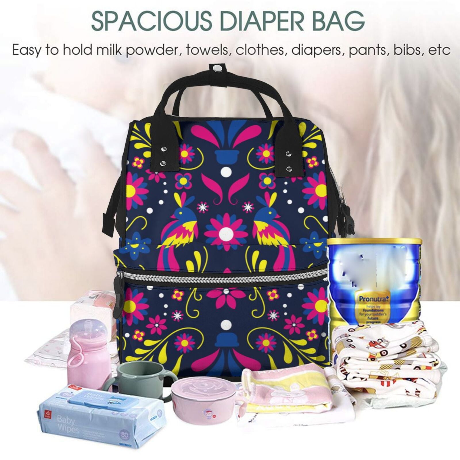 Ratiio Colorful Mexican Mummy Backpack - Waterproof Twill Canvas, Large Capacity Diaper Bag with Multiple Pockets and Adjustable Straps