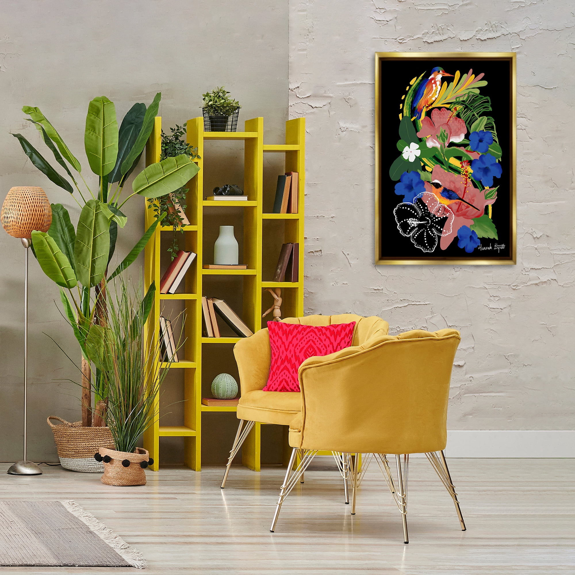 Stupell Industries Tropical Gambia Style Florals Animals Painting Gold Floater Framed Canvas Art Print Wall Art, 21 x 31