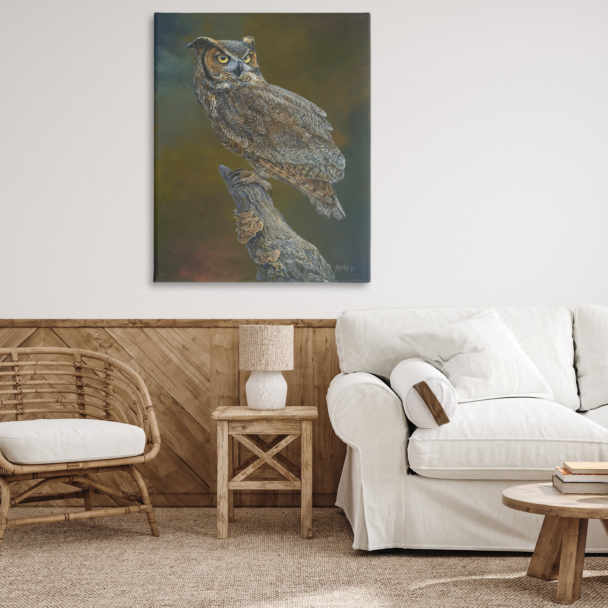 Stupell Industries Great Horned Owl on Branch Animals Painting Wrapped Canvas Art Print Wall Art, 36 x 48