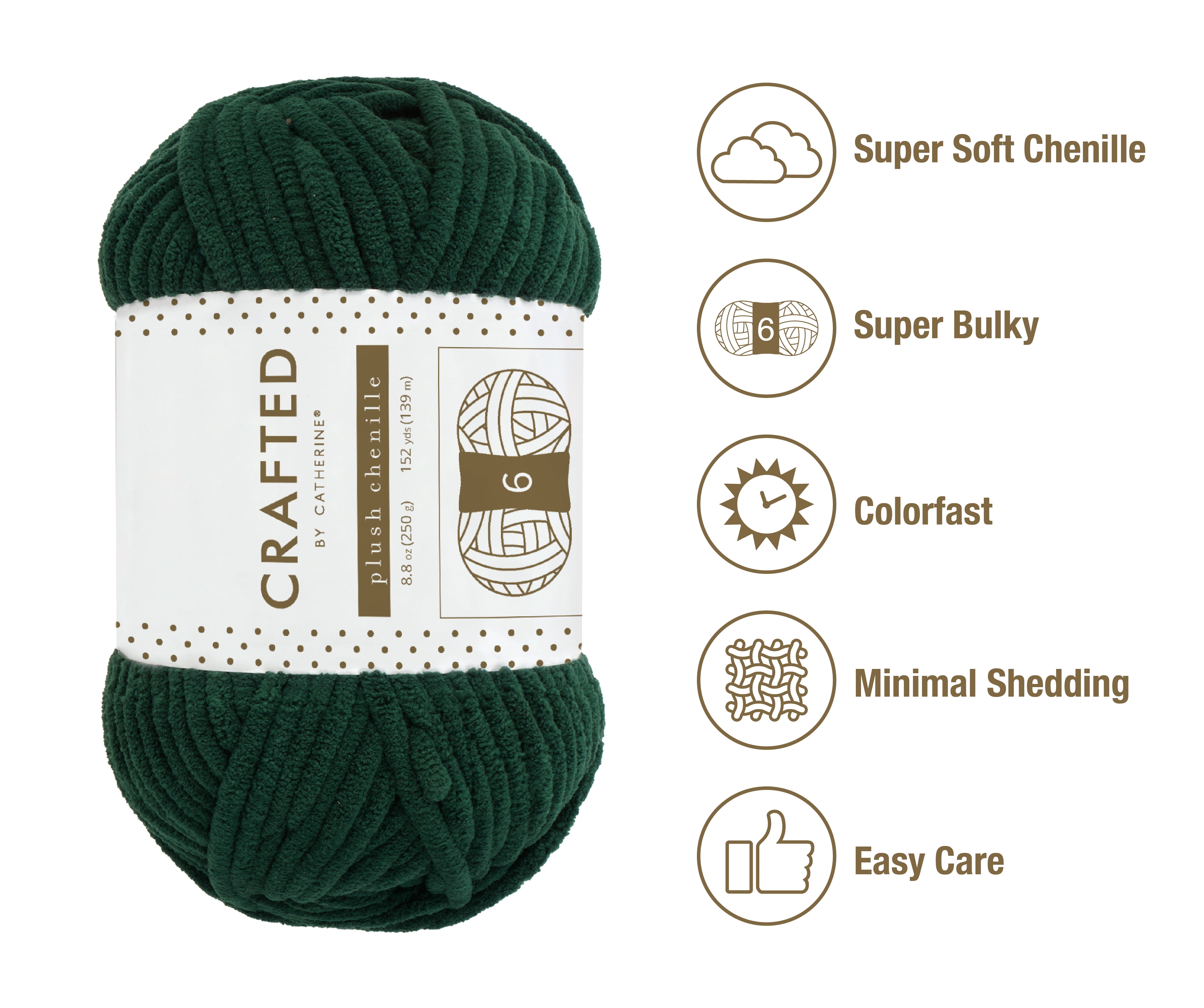 Crafted by Catherine Plush Chenille Yarn for Knitting, Crocheting and Amigurumi - 2 Pack (8.8 oz / 250g, 152 yards each skein), Forest Green, Gauge 6 Super Bulky