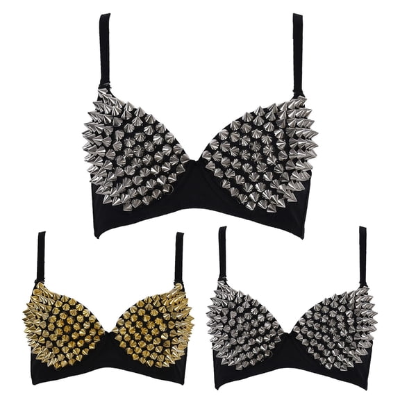 BWASD Studded Spike Bras for Women Push Up Padded Bralette Metallic Performance Dance Club Party Top