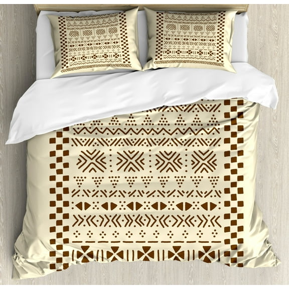 Brown and Beige Duvet Cover Set Queen Size, Traditional African Composition with Squares and Triangles Monochrome, 3 Piece Bedding Set with 2 Pillow Shams, Brown and Beige, by Ambesonne