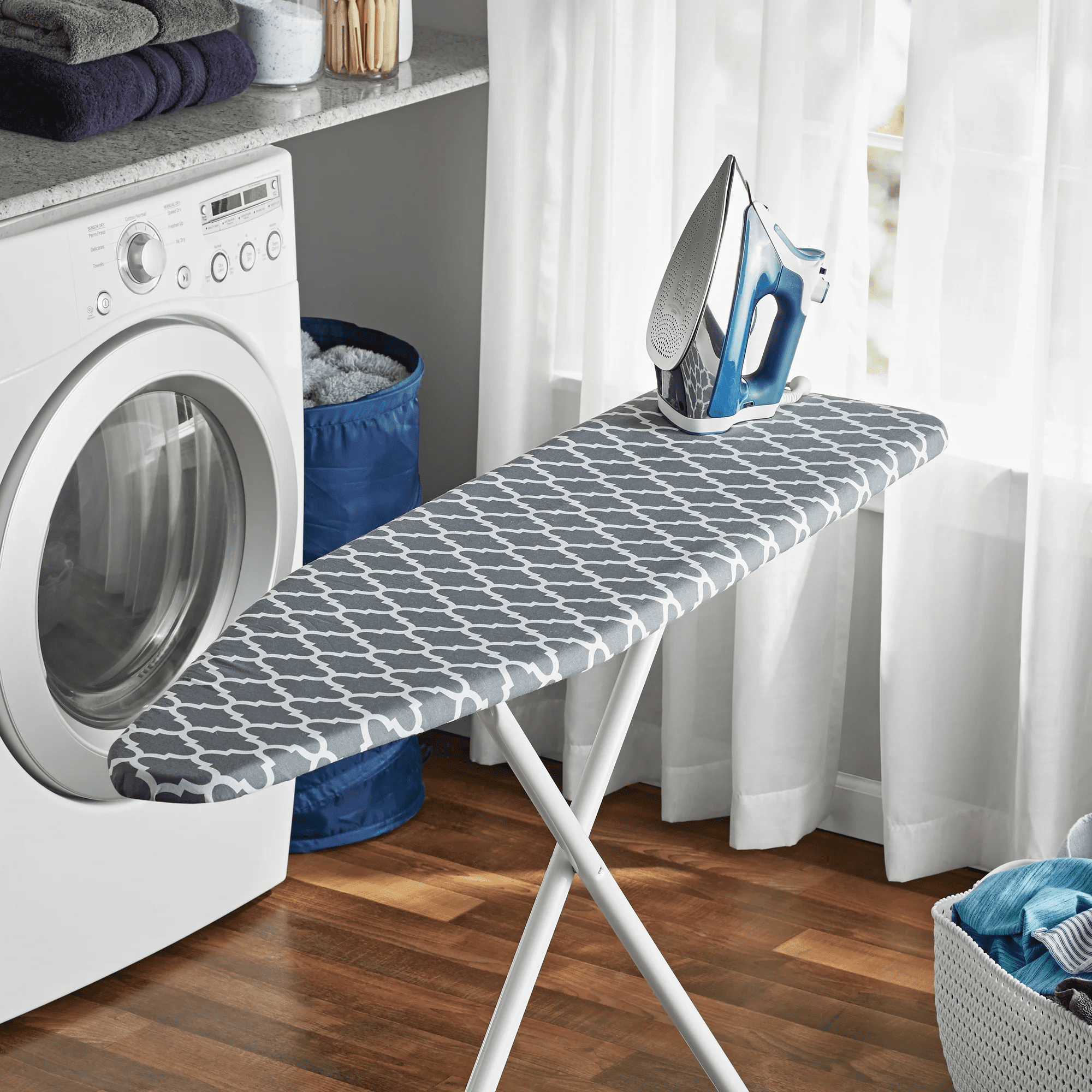 Mainstays Ironing Board Cover – 15x54, Cotton, Felt Padded, Scorch Resistant, Gray/White Lattice Pattern, Cover Only - Boards Sold Separately