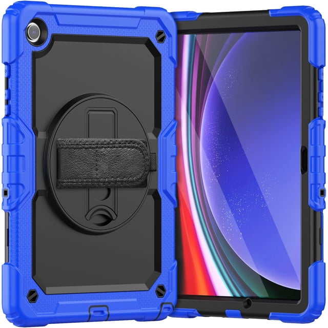 funda para samsung galaxy tab a9 plus 11'' 2023 (sm-x210/x216/x218) azul, vista frontal y trasera con soporte giratorio 360° en placa circular y correa de mano; interior rígido de PC negro y marco TPU azul reforzado, protector de pantalla integrado, cortes precisos para cámara, botones y puerto de carga, soporte plegable que deja manos libres; correa de hombro desmontable y ajustable, adecuada para llevar la tableta en caminatas.