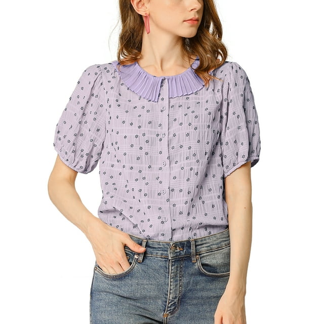 INSPIRE CHIC Women's Floral Puff Sleeves Pleated Collar Button Down Shirt