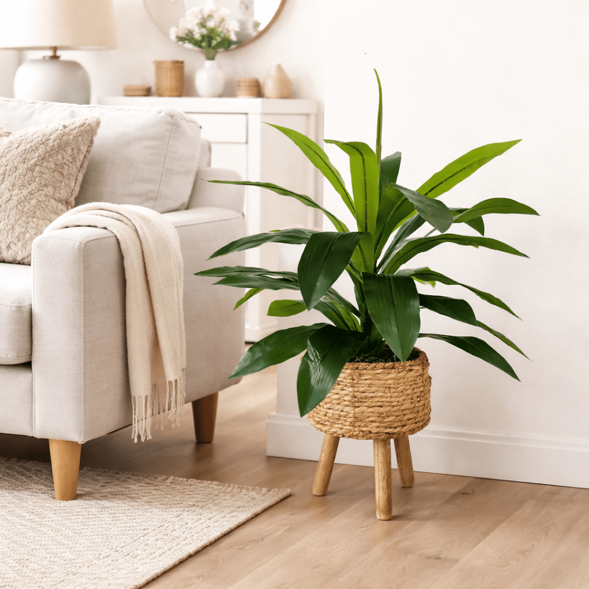Artificial Plant, 24" Artificial Dracaena Plant in Natural Woven Tripod Basket Stand by LCG Florals, Faux Designer Fake Indoor Plant for Living Room, Office, and Home Décor