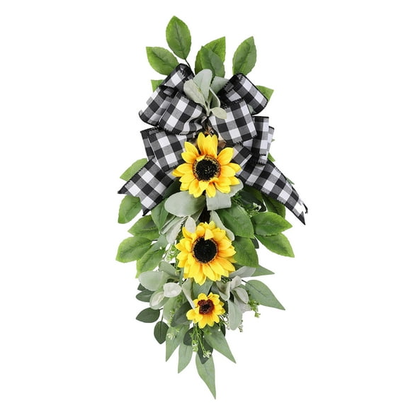 Komiseup Sunflower Swag for Front Door, Spring Summer Door Swag Wreath, Sunflower Buffalo Check Decor, Welcome Wreath for Porch Farmhouse