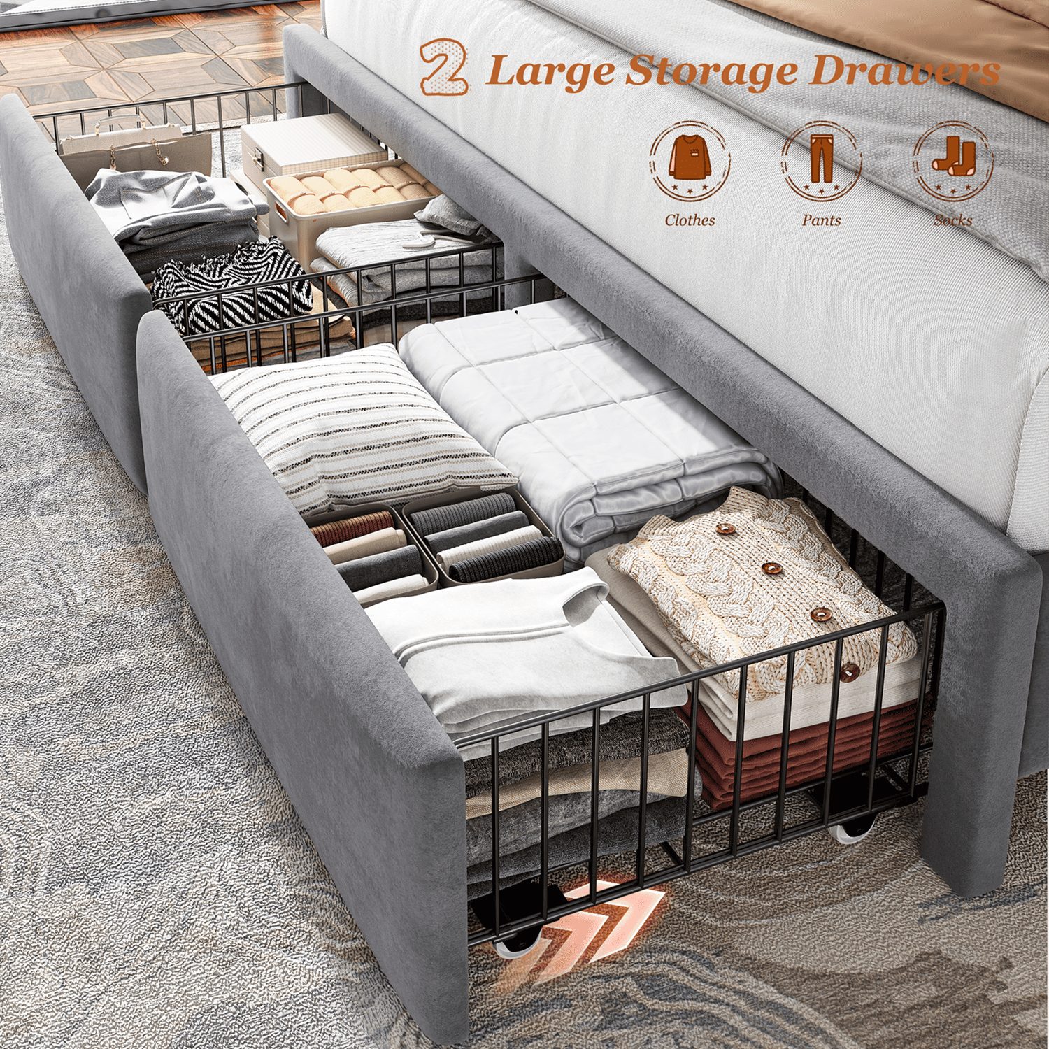 EnHomee Bed Frame Queen Size Bed Frame with 2 Storage Drawers Bed Frame with 51.2"Tall Headboard Upholstered  Bed Frame with Charge Station,Gray,No Box Spring Needed, Noise Free