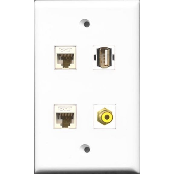 RiteAV 1 Port RCA Yellow and 1 Port USB A-A 2 Port Cat6 Ethernet White Wall Plate