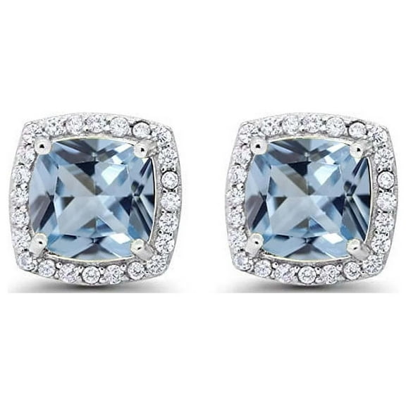 Paris Jewelry 4 Ct Blue Aquamarine Princess Cut Stud Earrings, 14k White Gold Jewelry for Women plated