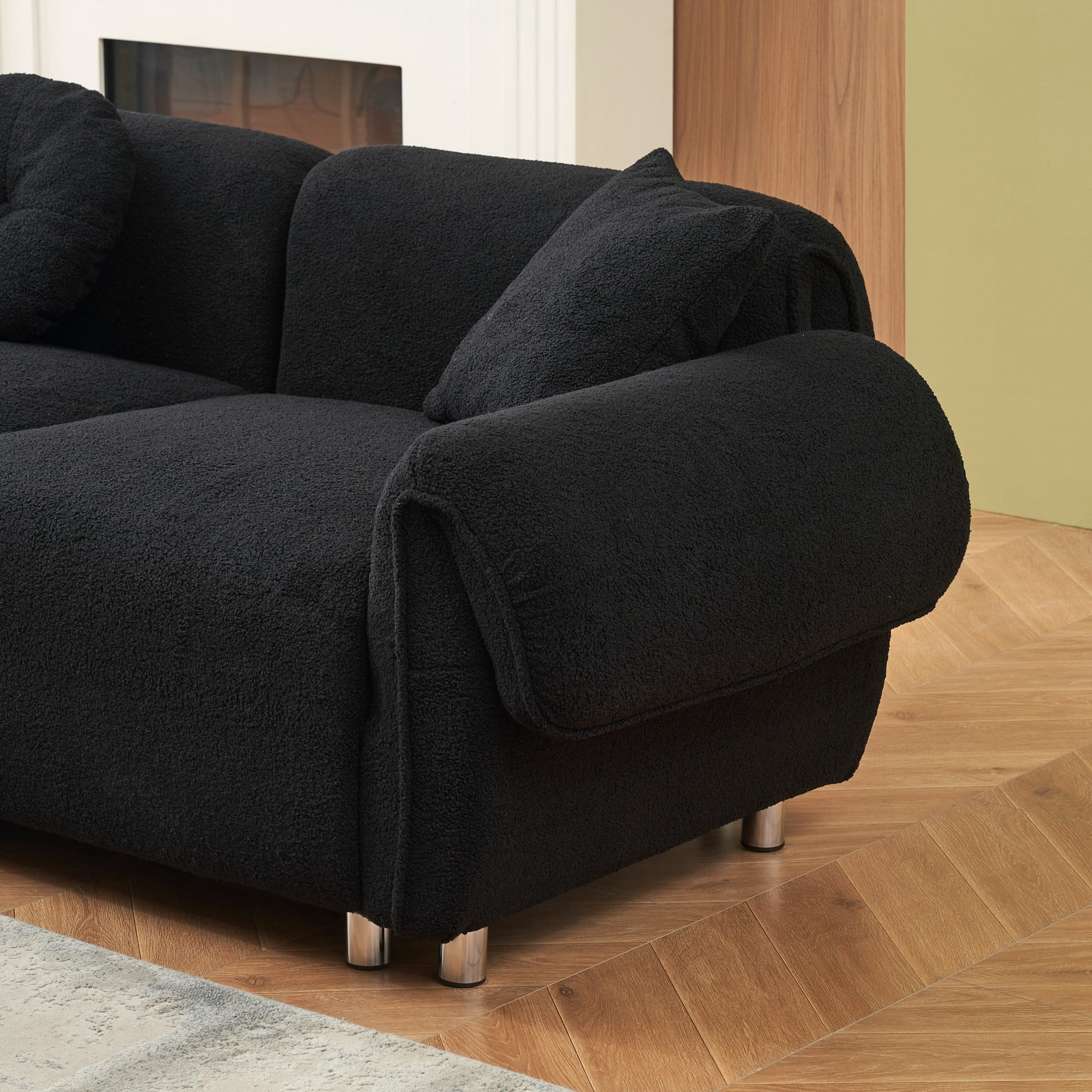Sectional Sofa,3 Seat Sofa Couch Set with 3 Throw Pillows,112 inch Sofa Couch with Teddy Velvet Fabric for Living Room,Apartment,Black