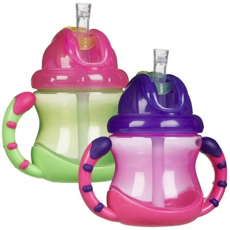 Nuby 2 Handle Flip n' Sip Straw Cup, 8 Ounce - 2 Pack, Pink/Green