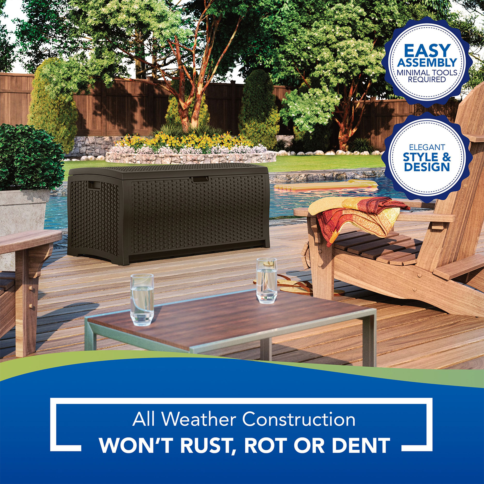 Suncast Indoor and Outdoor 73 Gallon Resin Deck Box with Seat, Mocha Brown, 46 in D x 22.5 in H x 21.6 in W - image 5 of 8