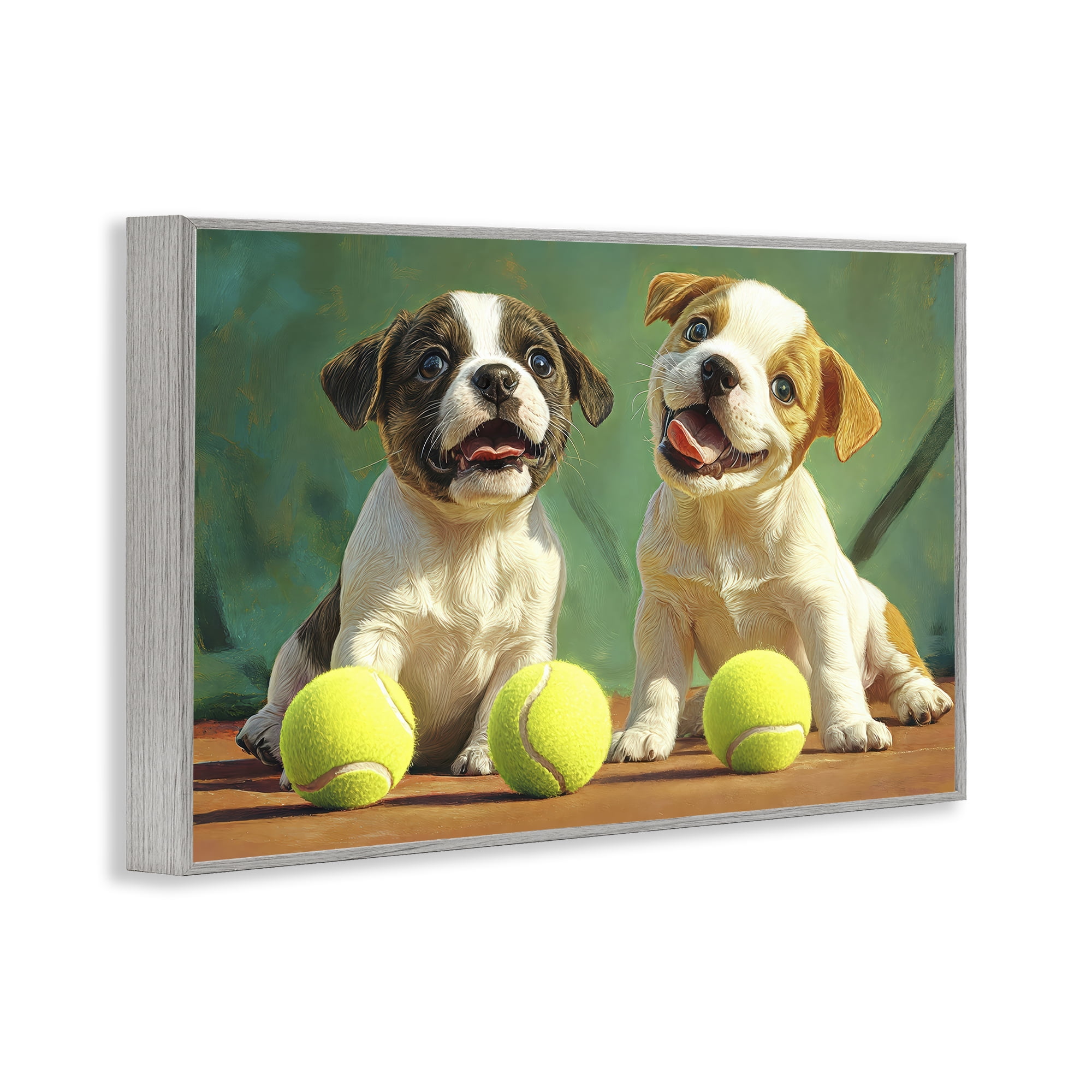 Stupell Industries Adorable Puppies with Tennis Balls Gray Framed Giclee Art, design by Imagine It Images