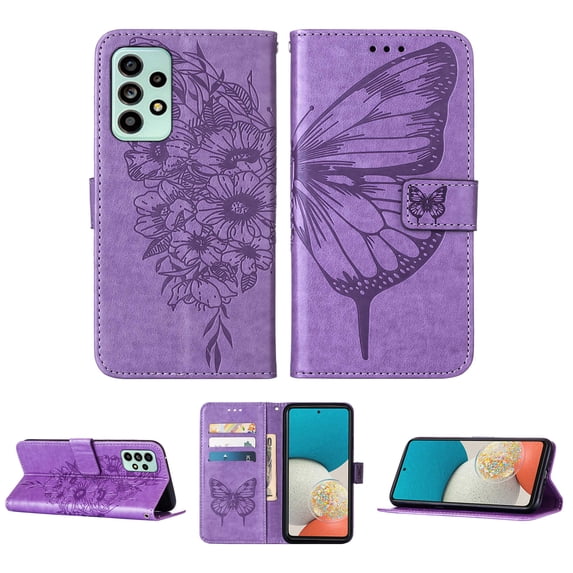 TECH CIRCLE Wallet Case for Samsung Galaxy A53 5G,Embossed Pattern PU Leather Magnetic Clasp Flip Phone Case Credit Card Slots Holder Shockproof Protective Cover with Wrist Strap,Lightpurple
