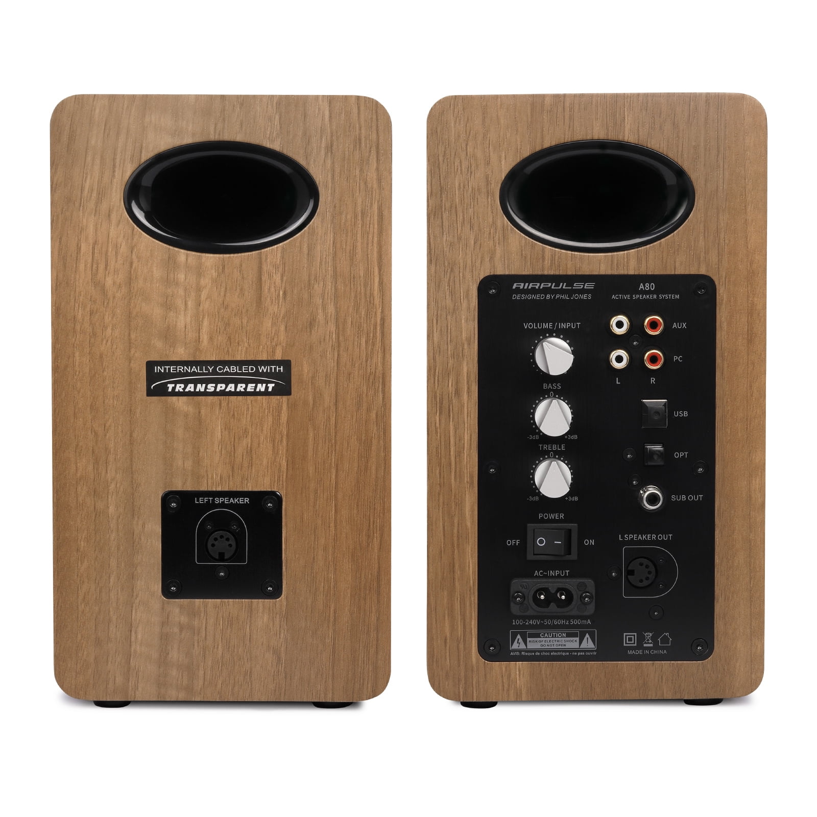 Airpulse A80 Hi-Res Audio Certified Active Speaker System, Built-in Amplifier, Optical, Sub out, Bluetooth 5.0 aptX, AUX, PC, and USB Inputs Brown-Pair
