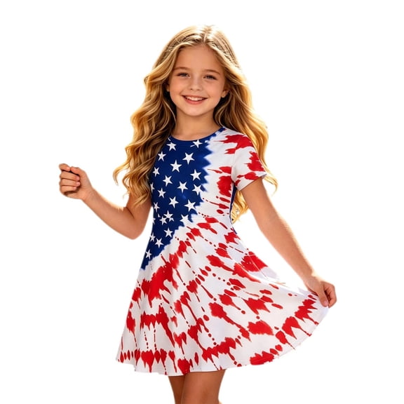 Bainana 4Th Of July Dress For Girls Short Sleeve Red White And Blue Dresses USA Anniversary Celebration Patriotic Dress For Toddler And Tweens 8-9 Years Red