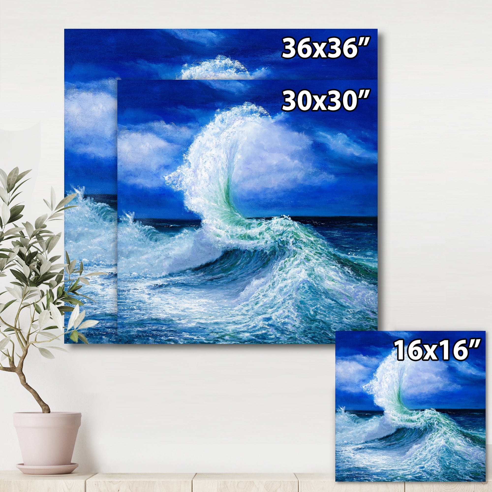Designart ' Waves Breaking During Wild Blue Ocean Tide ' Nautical & Coastal Canvas Wall Art Print