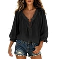 thumbnail image 2 of Elwylmiz Women's 3/4 Sleeve Tops Lace Up V Neck Blouses Boho Ruffled Trim Loose Fit Casual Shirts Summer Fall Outfits, 2 of 7