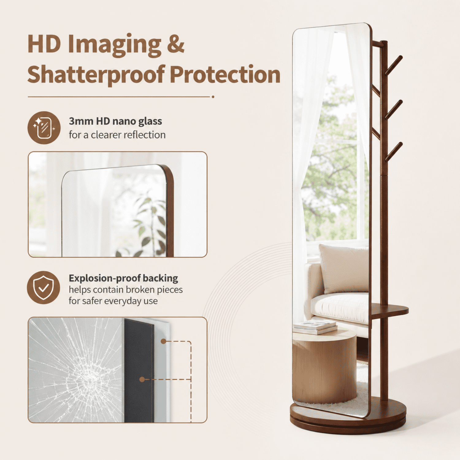 Miniyam Full Length Mirror with Coat Rack and Storage, 68.9" x 15.75" 360° Rotating Solid Wood Standing Mirror for Bedroom and Entryway, Walnut