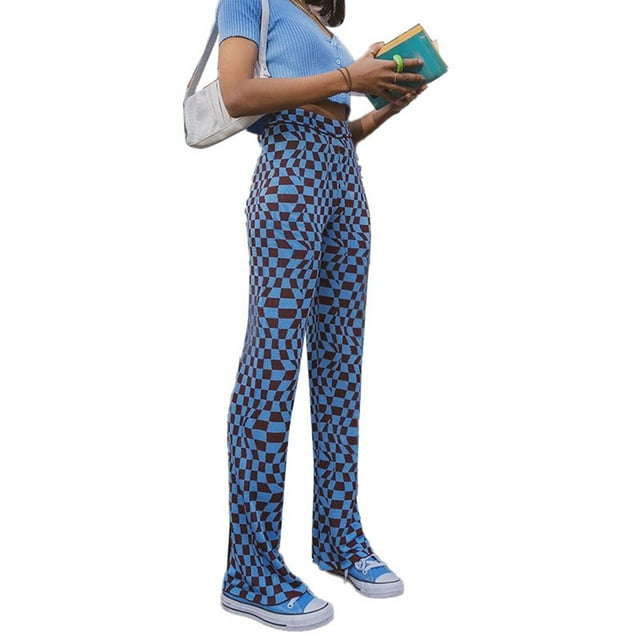 Pantalones acampanados Leggings estampados ajustados de talle alto largos acampanados para mujer Lady Street Blue Grid S