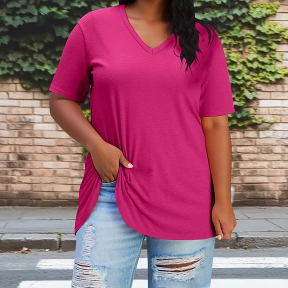 Women Tops Fashion Sawvnm Women's Spring And Summer Large Fashion Casual Short Sleeve V-neck Short Sleeve Top T-shirt Tshirts for Women Hot Pink XL