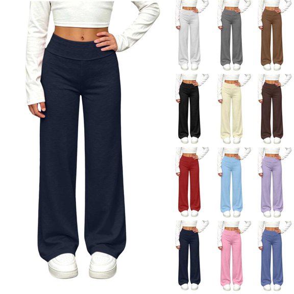 Sevevn Girls Wide Leg Pants Casual High Waisted Lounge Pants Elastic Waist Trousers for Kids Soft Loose Fit Straight Leg Pants Comfortable Everyday Wear School Travel Playwear Clothing
