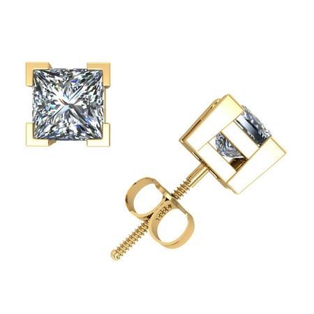 - 1.25Ct Princess Diamond Basket Stud Earrings 14k Yellow Gold V-Prong Set F VS2