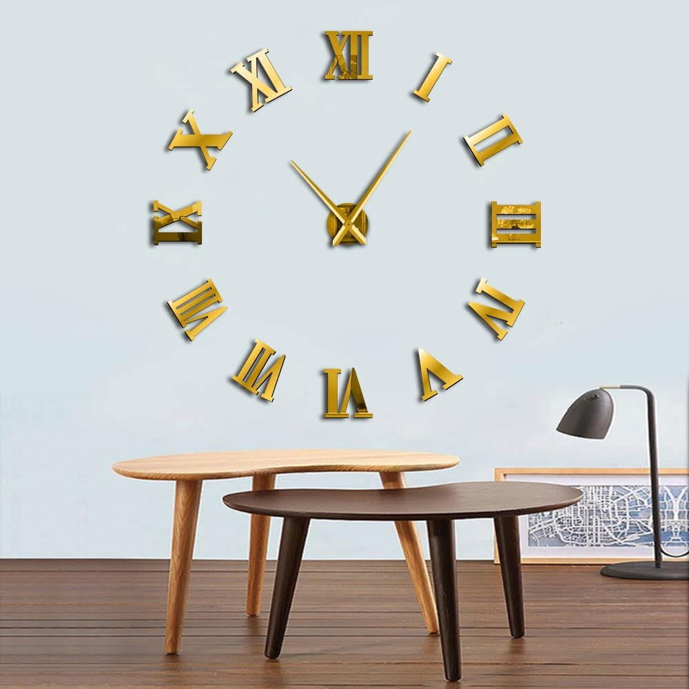 Roman Numerals Frameless Wall Clock Stickers, DIY Modern Decorative Clocks for Living Room, Bedroom, Office - Easy to Install, Large 3D Clock Design (Gold,37in)