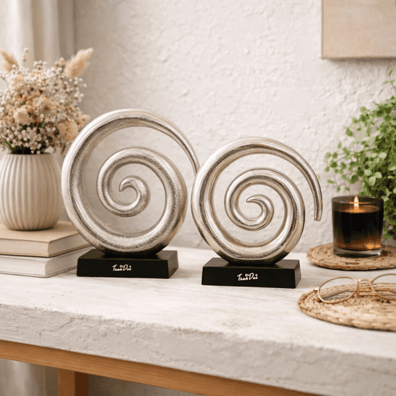 Expobazaar Sculptures | Aluminum Swirl Abstract with Black Base | Modern Decor for home | Set of 2