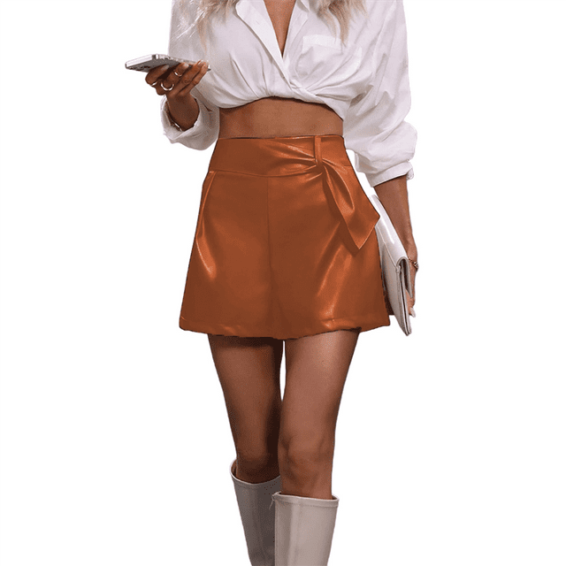 Faldas de para Mujer, Pantalones Cortos de Sintético de Cintura Alta, Falda Cruzada Fruncida con Cintura Elástica. Marrón XL