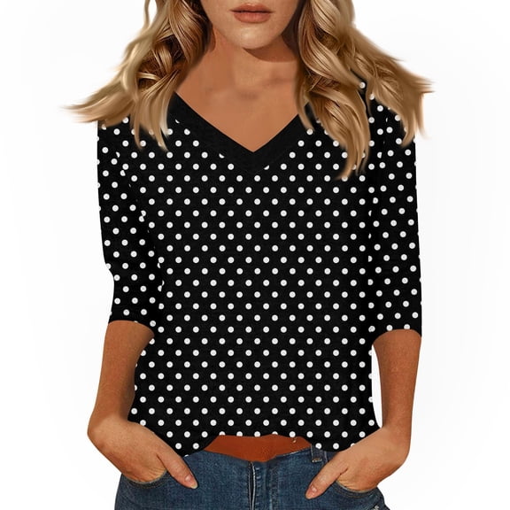Spring 3/4 Length Sleeve Womens Tops V Neck Blouse Casual Loose Fit Banded Bottom Shirts Tunic Tops