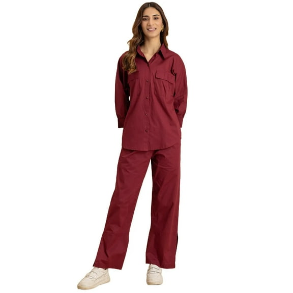 Moomaya Solid 2 Pcs Cotton Co-Ord Set, Everyday Wear Long Shirt With Pants