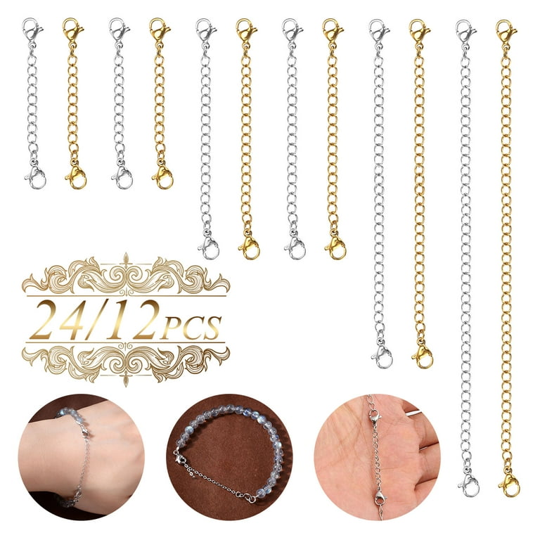 24/12Pcs Necklace Extenders, Stainless Steel Necklace Bracelet Extender  Chain Set, Anklet Extension Chains with Double Lobster Clasps and Closures  for