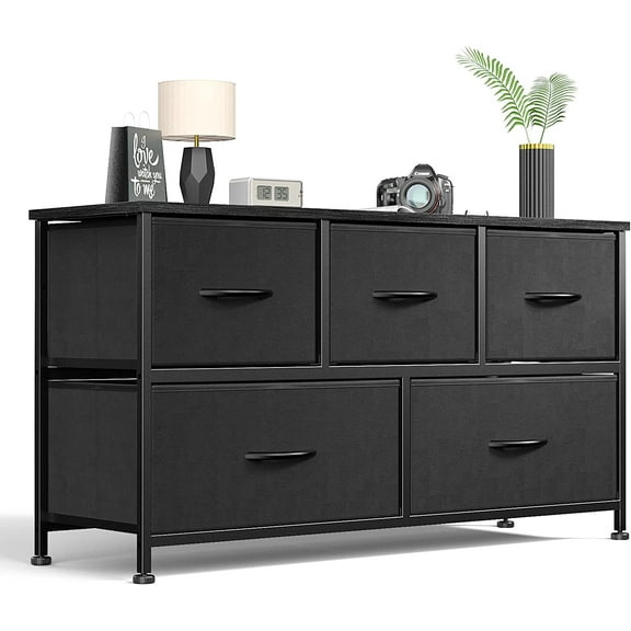 YEXJ Dresser for Bedroom with 5 Drawers,Chest of Storage Tower with Easy Pull Fabric Bins, TV Stand Organizer Storage for Living Room Closet Hallway, Wooden Top Sturdy Steel Frame