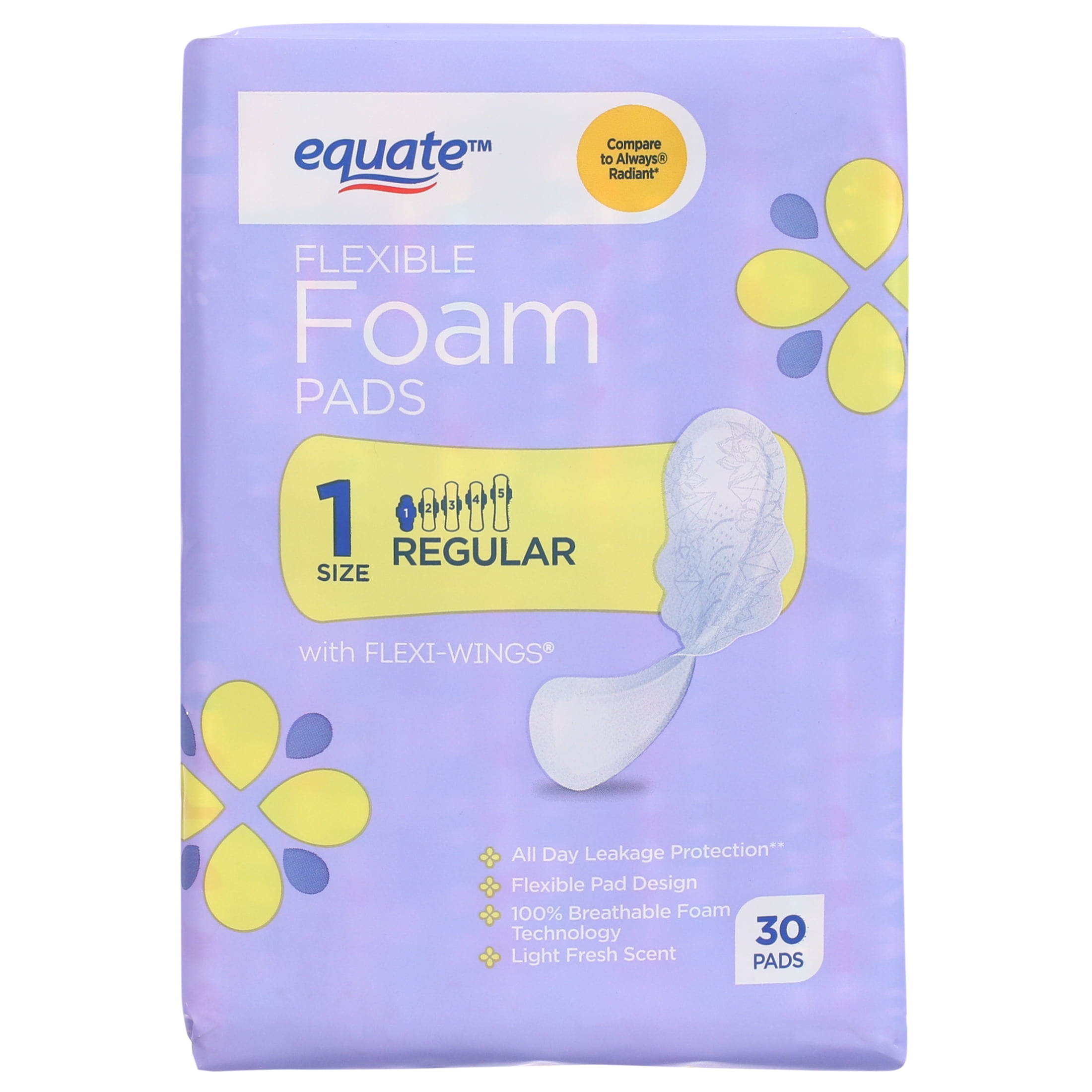 Equate Foam Pads with Flexi-Wings, Regular, Size 1, 30 Count