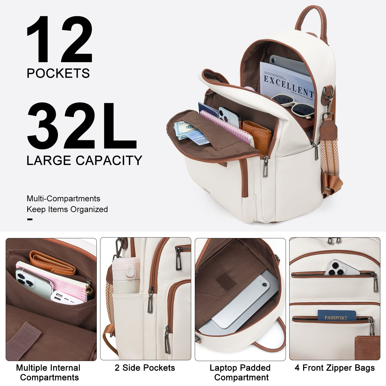 Backpack Purse for Women, Leather Vegan Ladies Fashion Designer Rucksack Convertible Travel Shoulder Bag Teacher College Daypack Work Handbag fits 14" Laptop-Beige