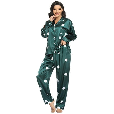 

Women s Silk Satin Pajamas Set Long Sleeve Loungewear Night Shirt Button Down Sleepwear with Long Soft Pajamas Pants Two-piece Pj Set Ladies Classic Nightgown Pajamas S-XL Green
