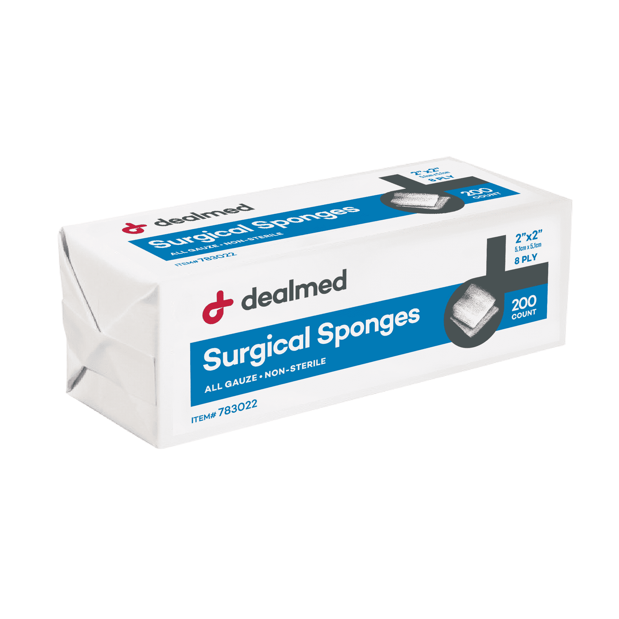 Dealmed 2" x 2" Surgical Sponges, 8-Ply Absorbent Gauze for Prepping, Cleaning, Wound Dressing, and First Aid Kits, 200 Count (1 Pack)