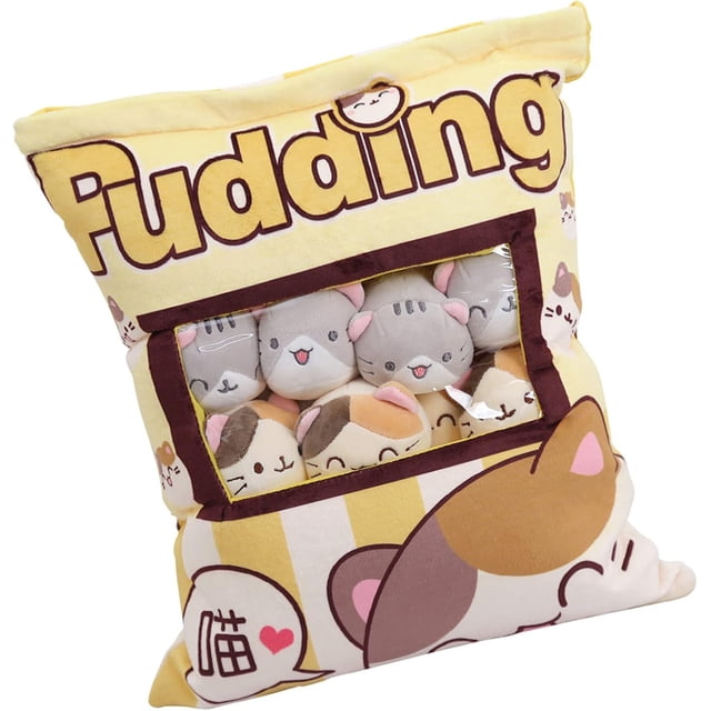 Lsotier Lindo gatito gato snack almohada decorativa de pudín relleno con mini muñecas de gato animal pudín juguete de peluche kawaii almohada de peluche regalo para lescentes niñas y niños