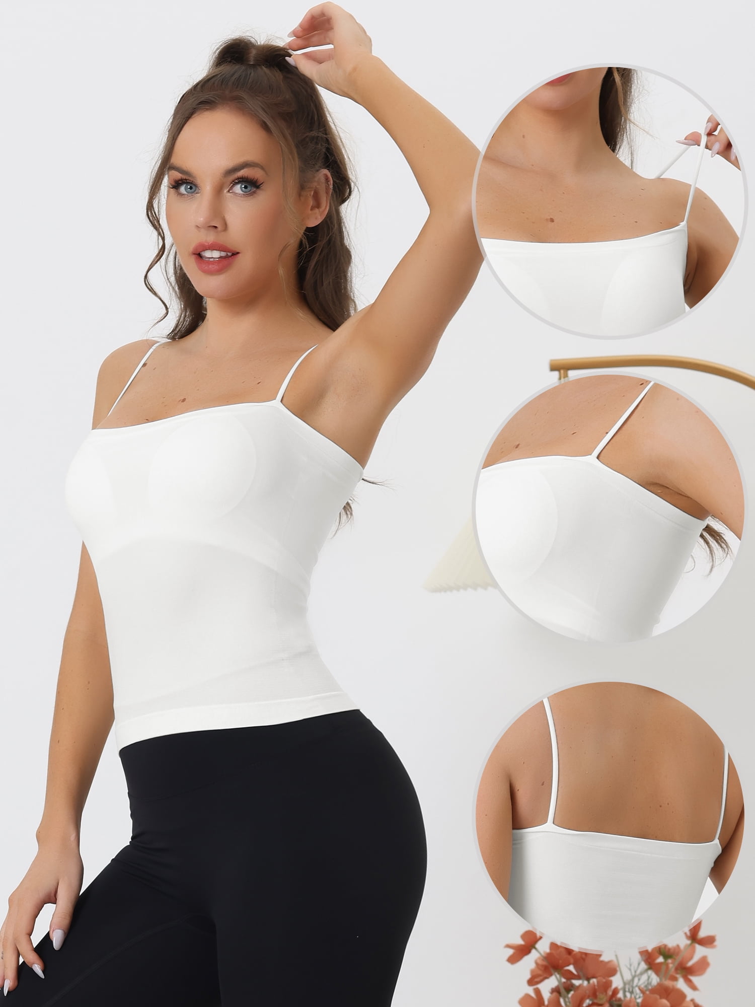 Unique Bargains Women's Bandeau Camisole Spaghetti Strap Padded Sleeveless Tank Top L White