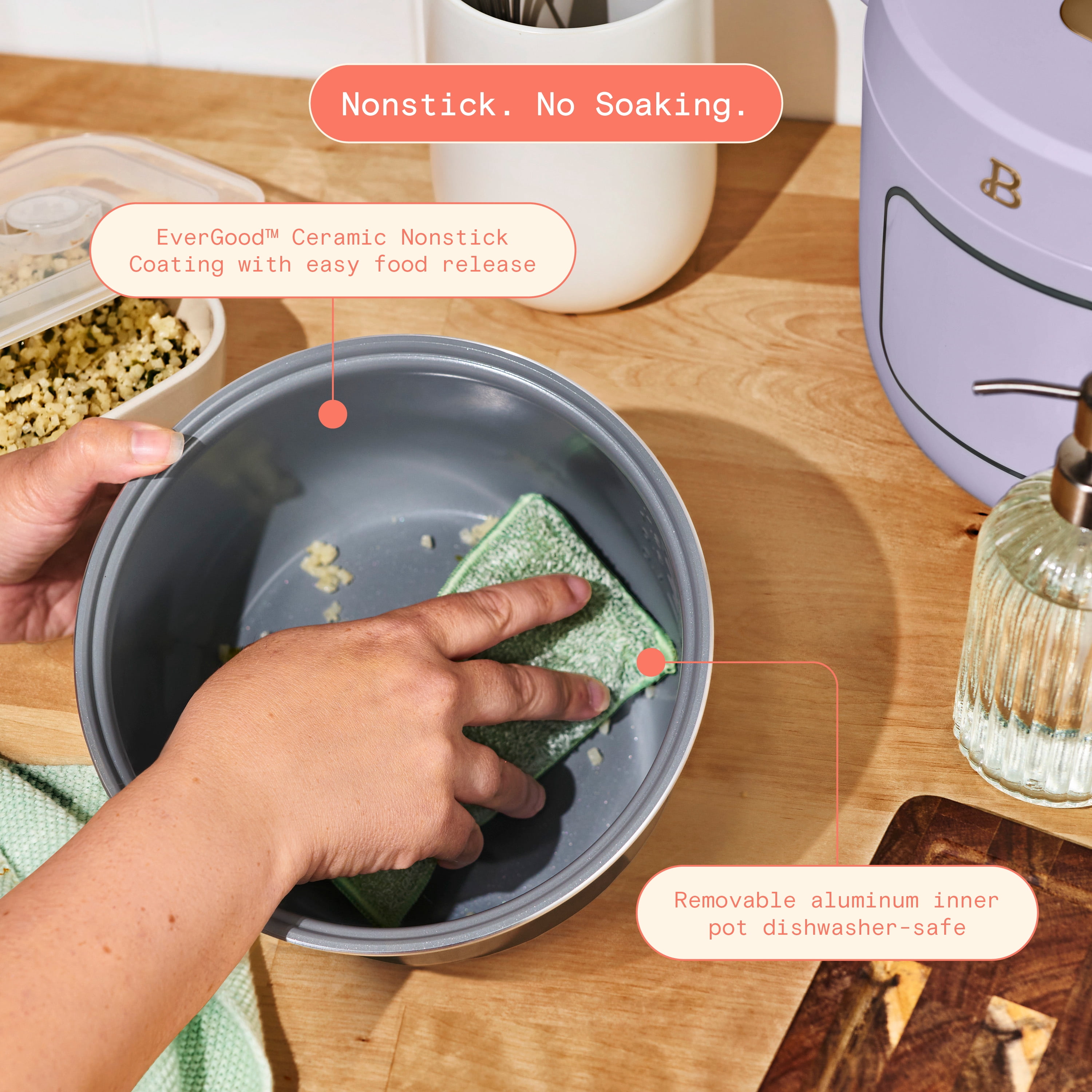 Beautiful 14-Cup Cooked, 6-Cups Uncooked Electric Rice and Grain Cooker, EverGood™ Ceramic Nonstick Coating, Lavender by Drew Barrymore